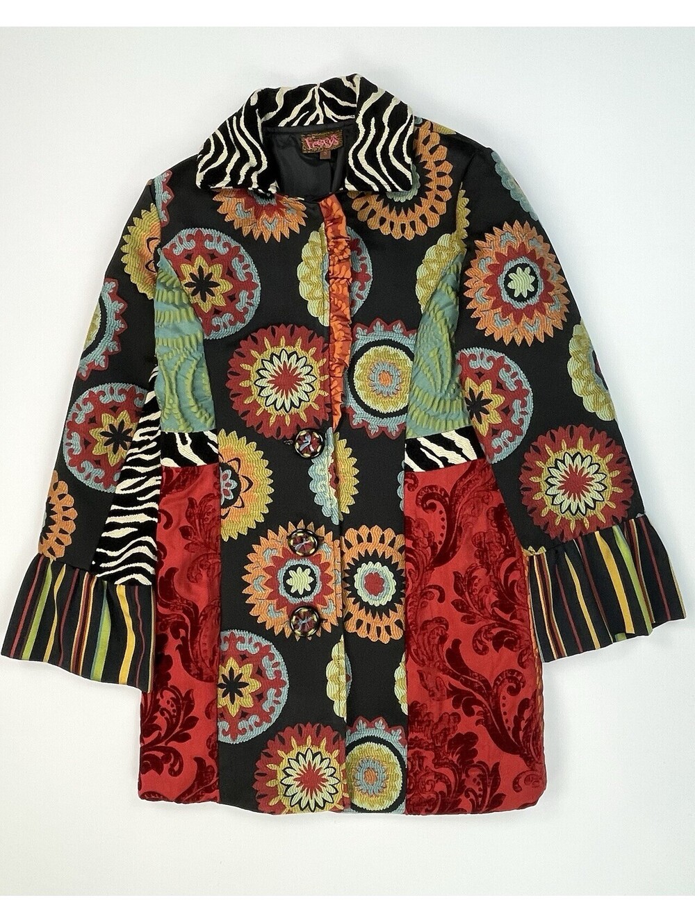 Frexys Patchwork Stripe Mixed Fabric Statement Coat Jacket S Artsy Eclectic Y2K